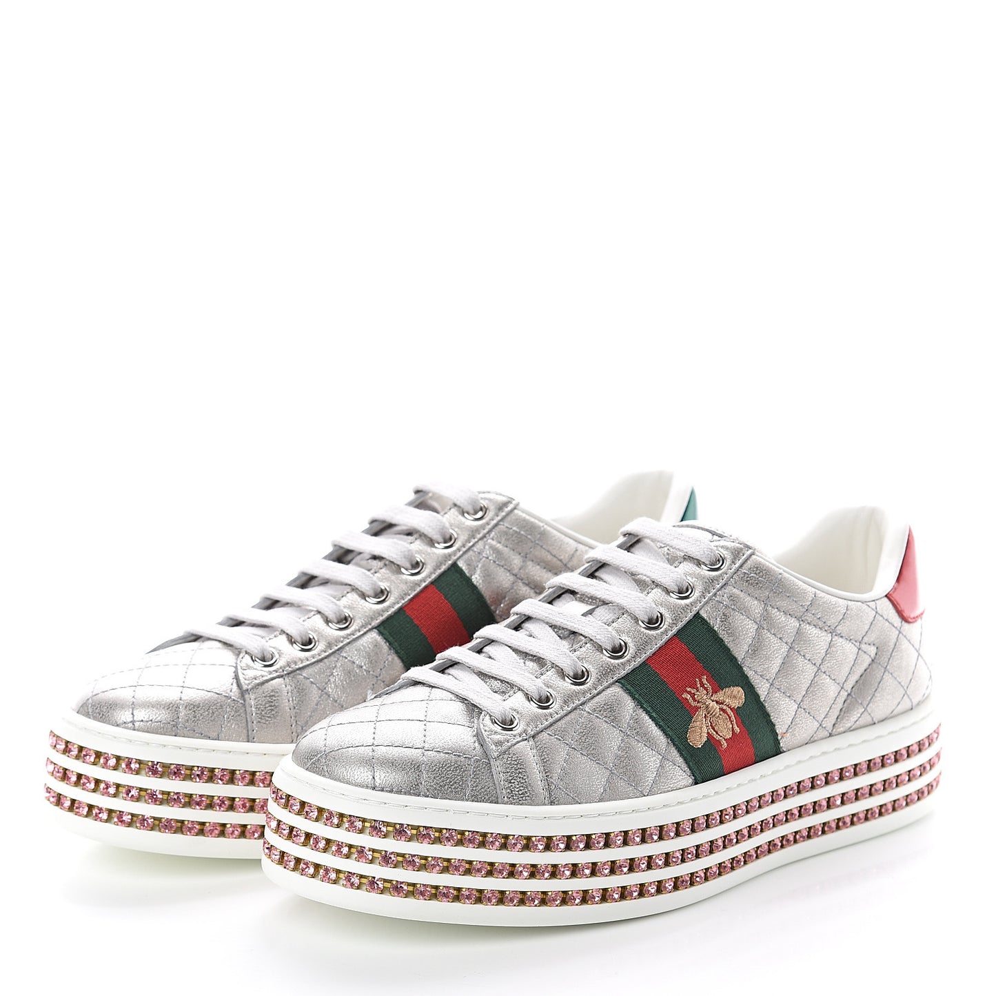 Laminated Nappa Crystal Web Bee Embroidered Trapuntata Womens Ace Platform Sneakers 38 Argento