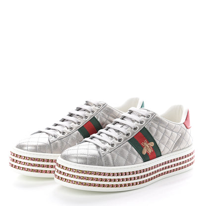 Gucci Laminated Nappa Crystal Web Bee Embroidered Trapuntata Womens Ace Platform Sneakers 38 Argento 3 of 7
