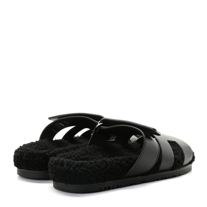 Hermes Calfskin Woolskin Womens Chypre Sandals 37 Black 4 of 9