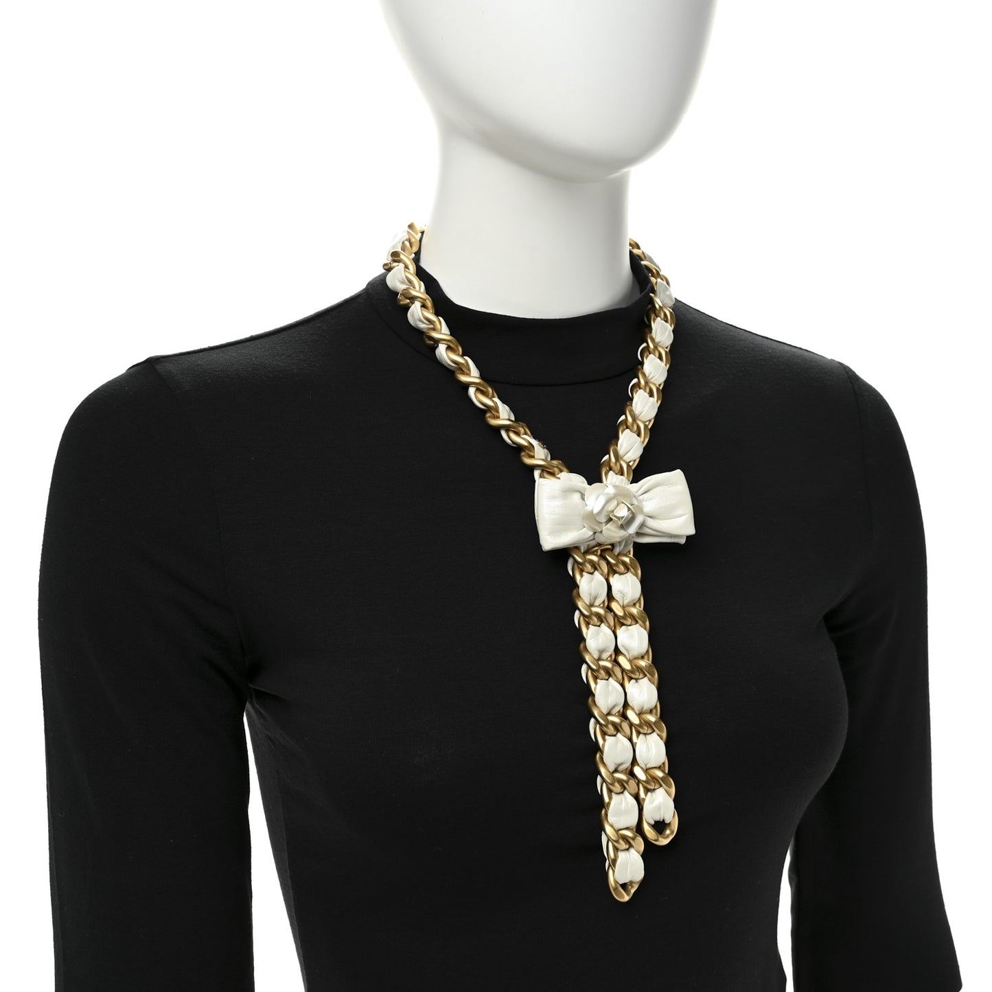 Calfskin Chain Camellia Bow Necklace Gold White