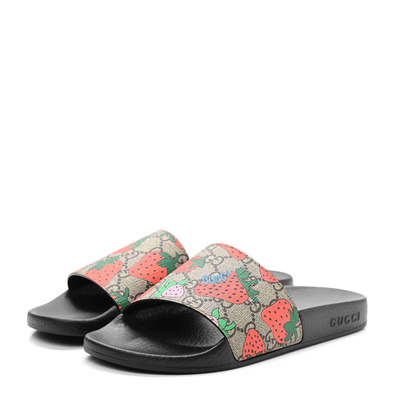 Gucci GG Supreme Monogram Strawberry Slide Sandals 37 Beige Multicolor 3 of 8