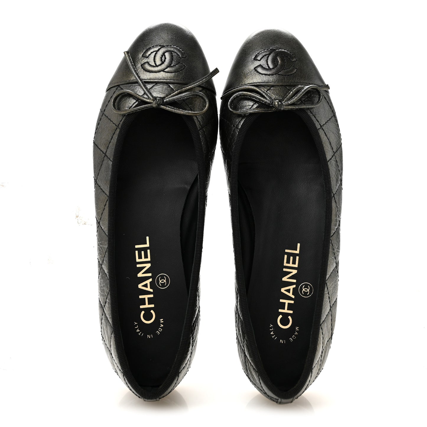 Metallic Aged Calfskin Quilted CC Cap Toe Ballerina Flats 36 Dark Silver