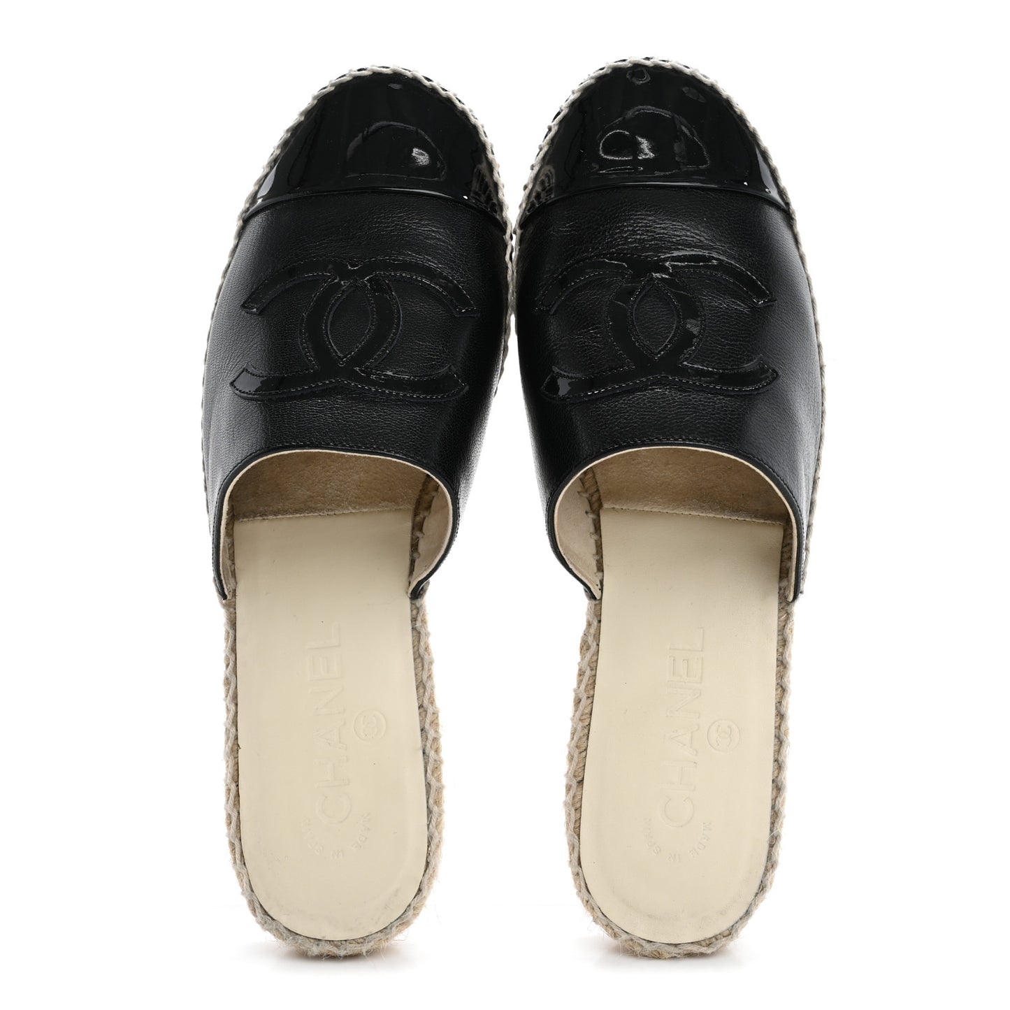 Iridescent Goatskin Patent CC Espadrille Mules 38 Black