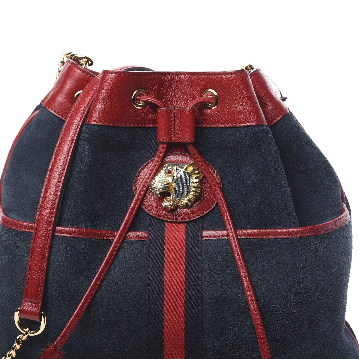 Gucci Suede Calfskin Web Medium Rajah Bucket Bag New Blue Romantic Cherry 8 of 10