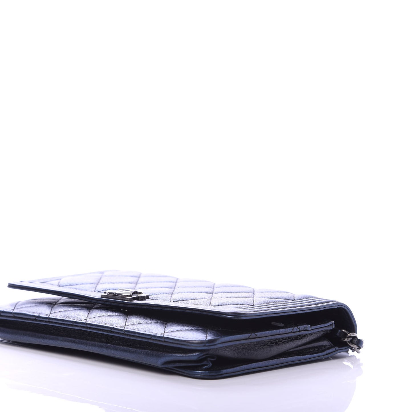 Metallic Calfskin Quilted Boy Wallet On Chain WOC Navy Blue