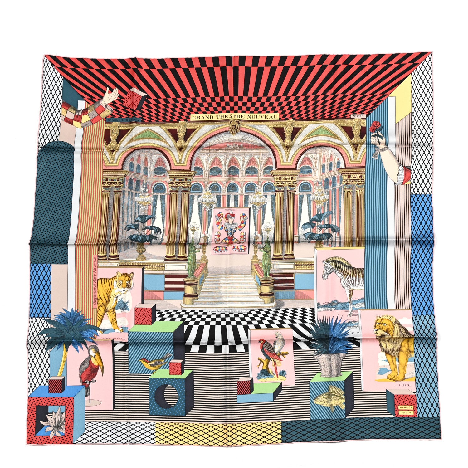 Hermes Silk Grand Theatre Nouveau Scarf 90 Bleu Vieux Rose Vert 1 of 6