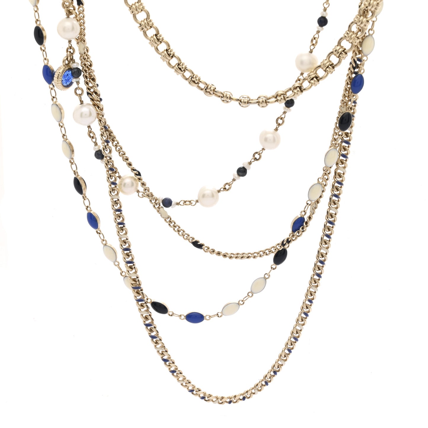 Pearl Resin Beaded CC Long Multi Strand Necklace Blue Gold Multicolor