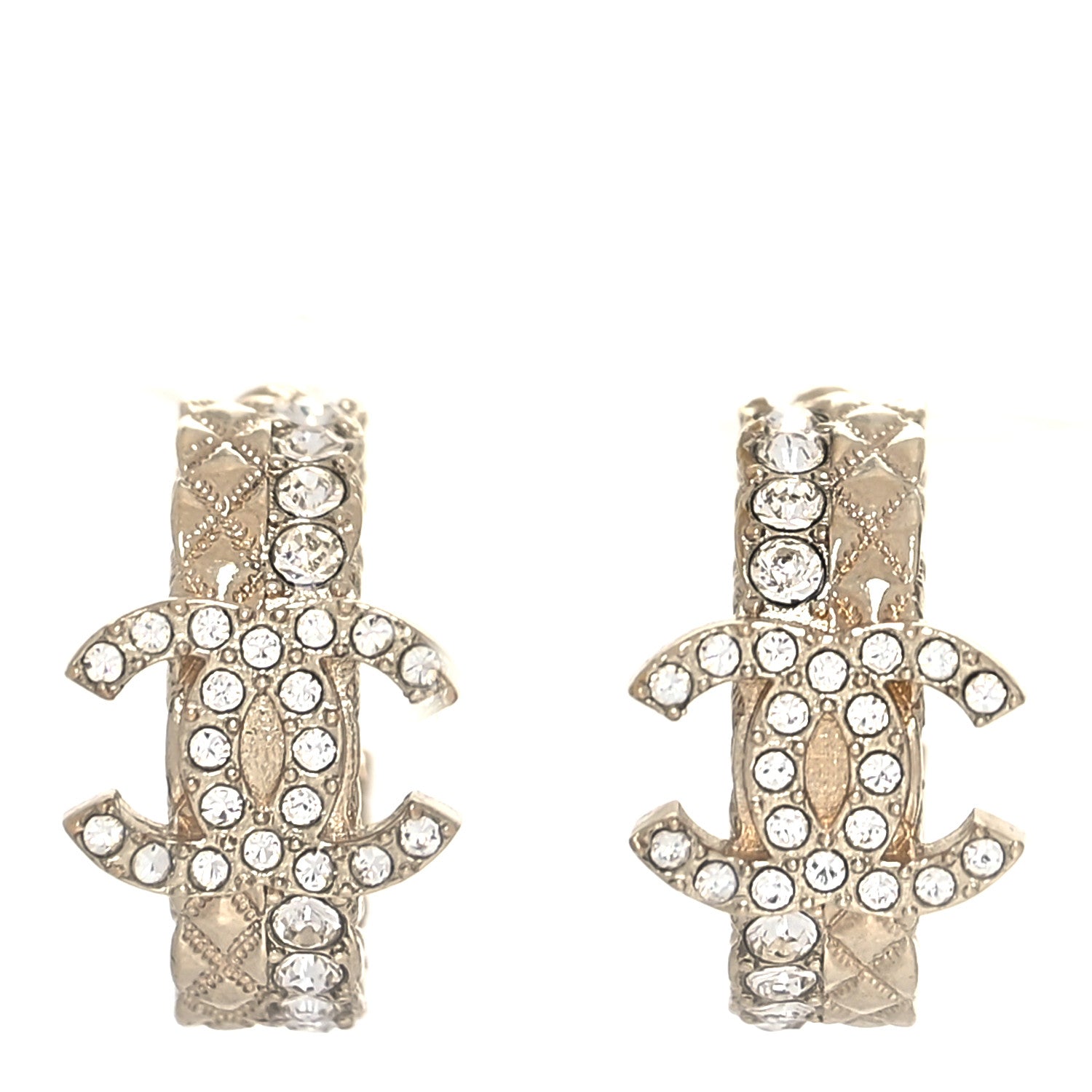 Chanel Metal Crystal Quilted CC Hoop Earrings Gold 1 of 4