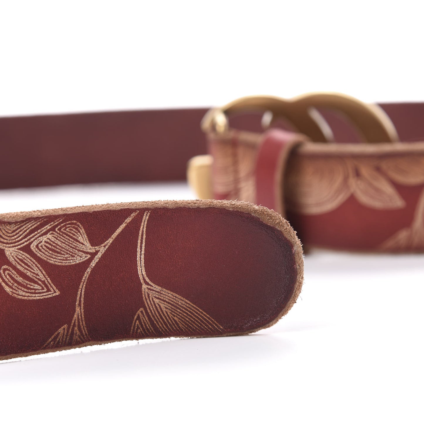 Faded Calfskin Leaf Print Double G 40mm Belt 95 38 Hibiscus Red Gold