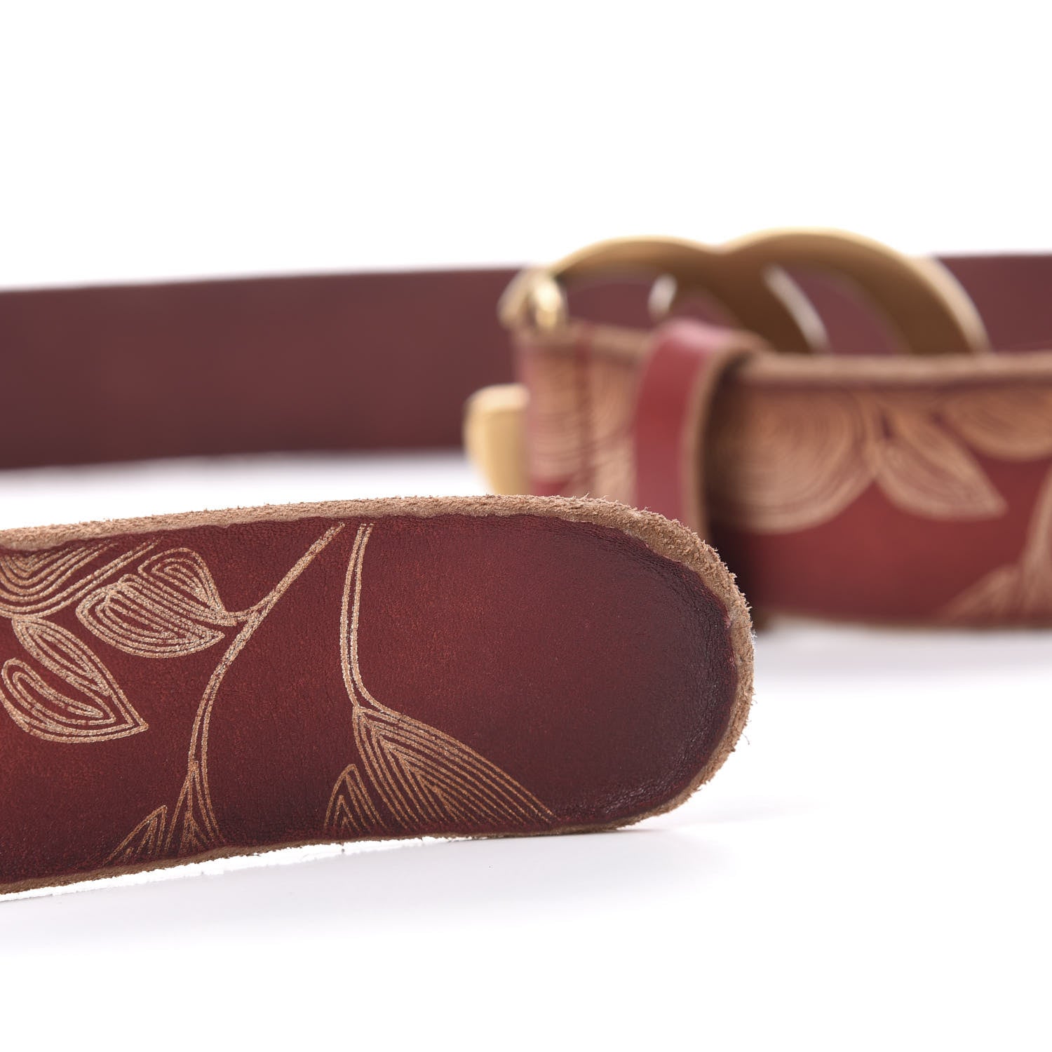 Gucci Faded Calfskin Leaf Print Double G 40mm Belt 95 38 Hibiscus Red Gold 5 of 7