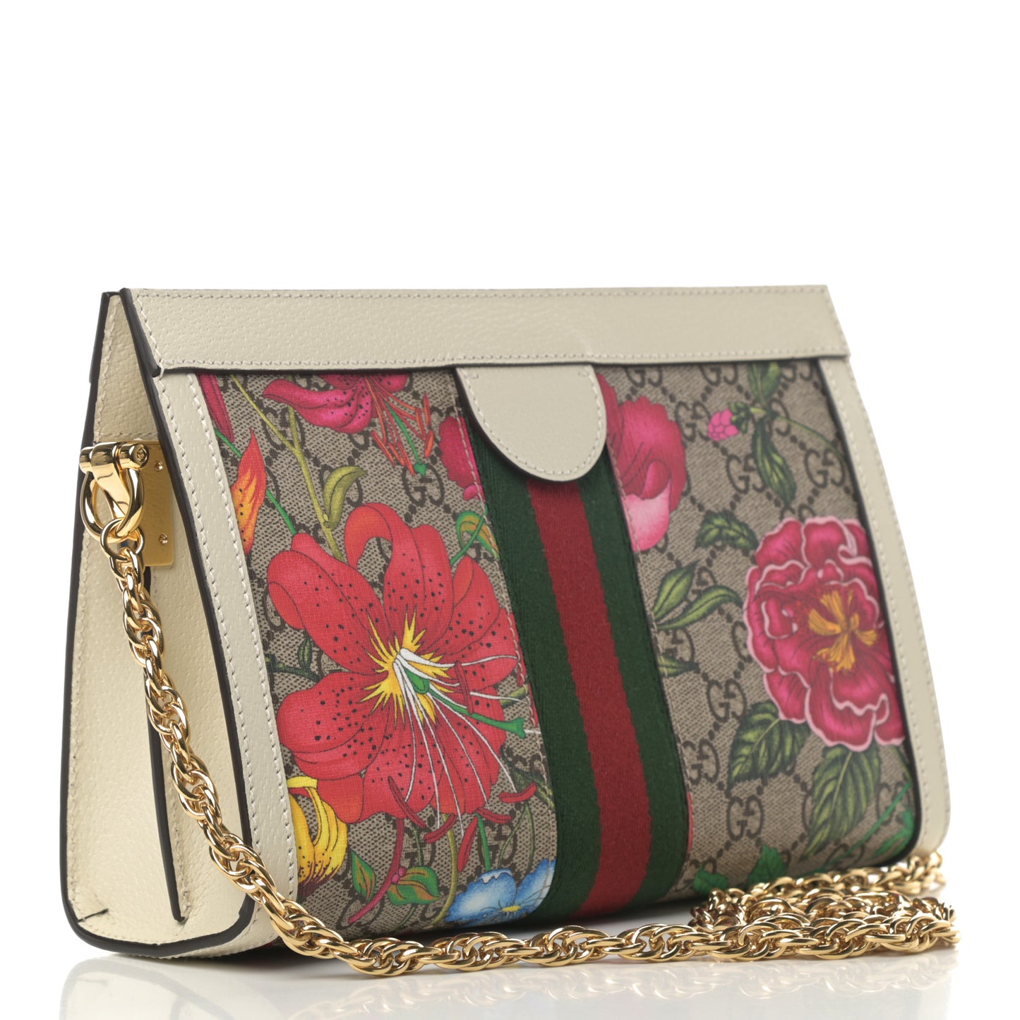 GG Supreme Monogram Flora Web Small Ophidia Chain Shoulder Bag White