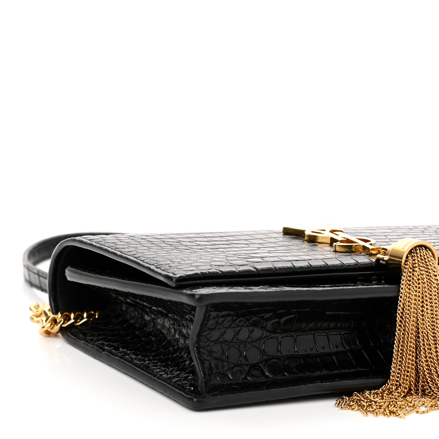 Saint Laurent Calfskin Crocodile Embossed Kate Monogram Tassel Chain Wallet Black 8 of 9