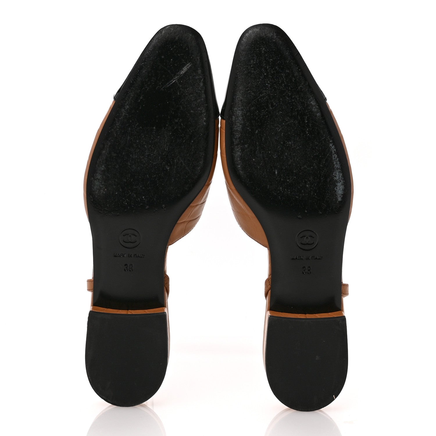 Chanel Calfskin Crocodile Embossed Patent Cap Toe CC Slingback Flats 38 Brown Black 6 of 11