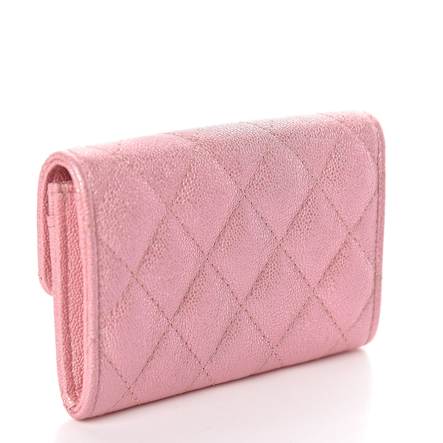 Iridescent Caviar Quilted Flap Card Holder Rose Pink
