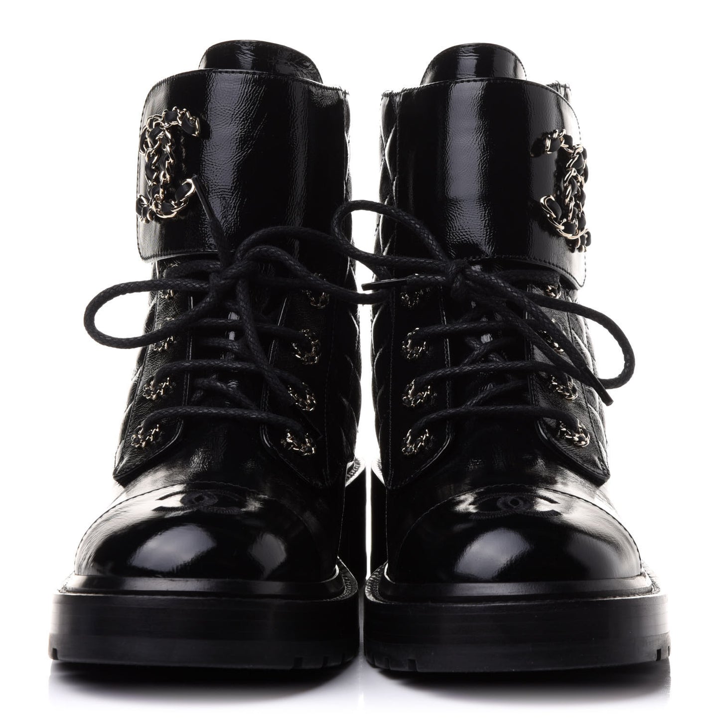 Shiny Calfskin Quilted Lace Up Combat Boots 39 Black