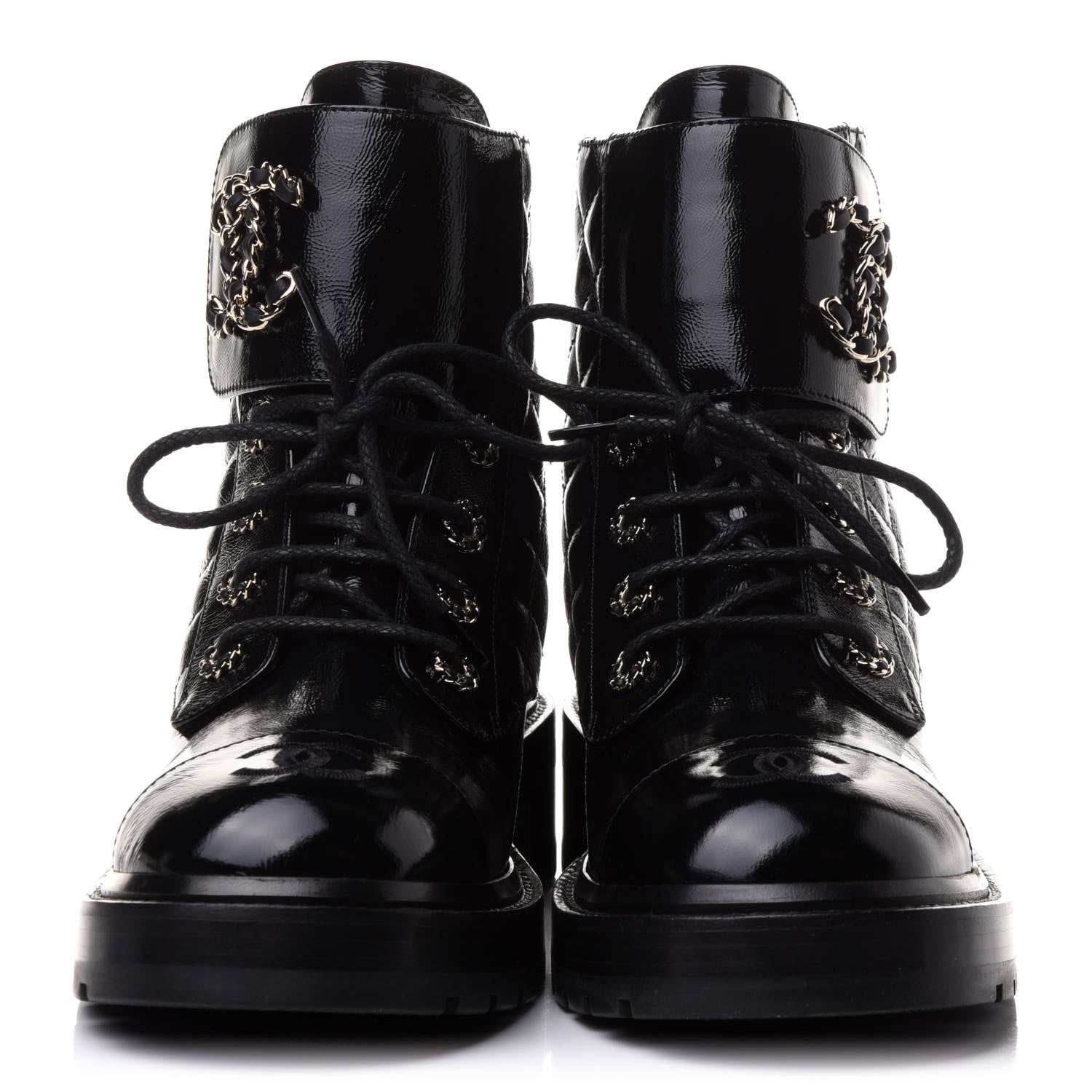 Chanel Shiny Calfskin Quilted Lace Up Combat Boots 39 Black 2 of 9