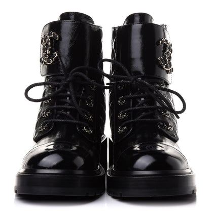 Chanel Shiny Calfskin Quilted Lace Up Combat Boots 39 Black 2 of 9