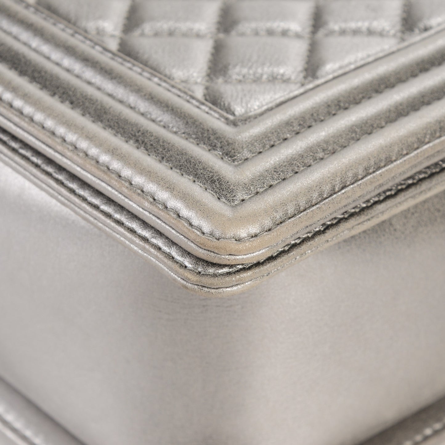 Metallic Calfskin Quilted Large Boy Flap Dark Silver