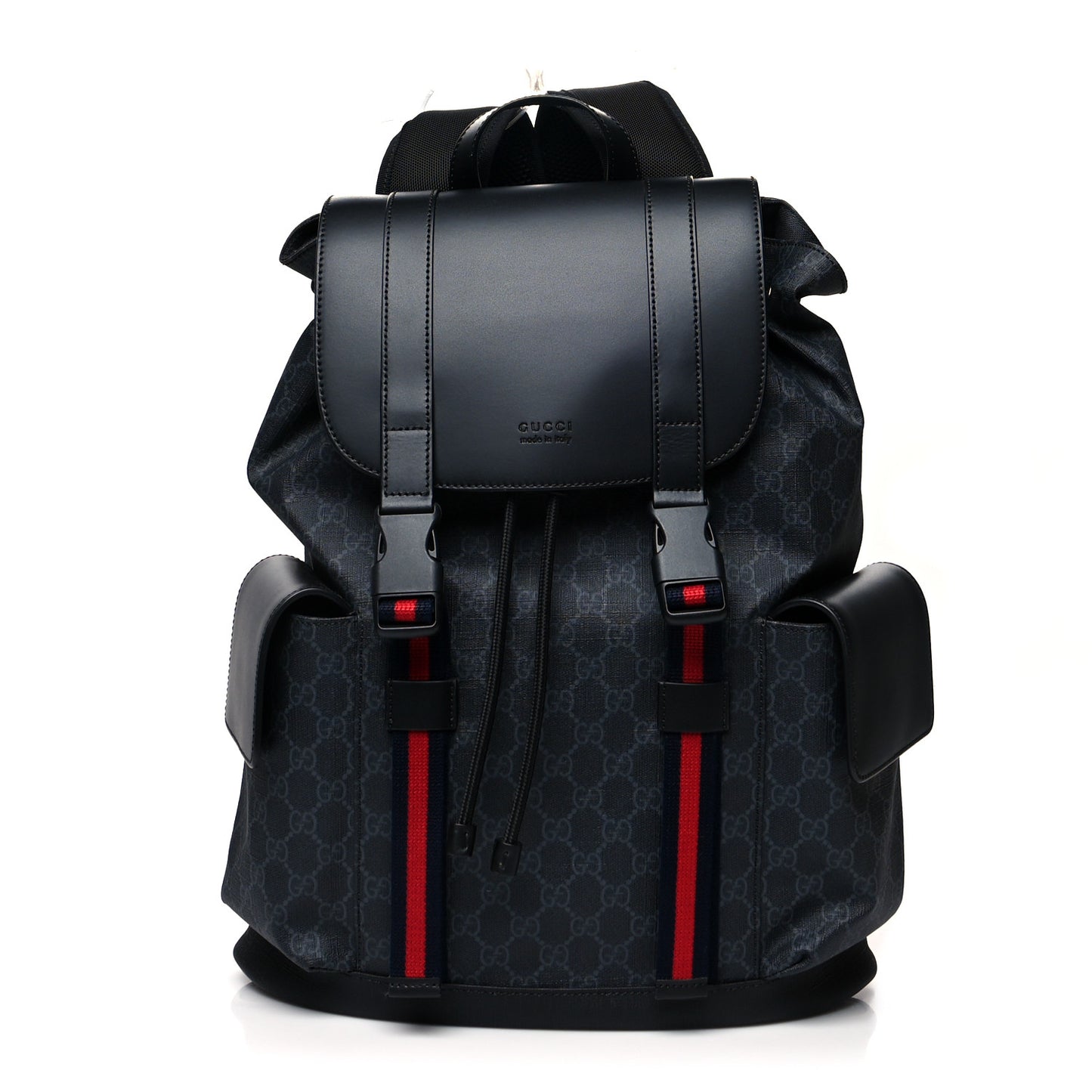 Soft GG Supreme Monogram Appia Calfskin Web Double Buckle Backpack Black