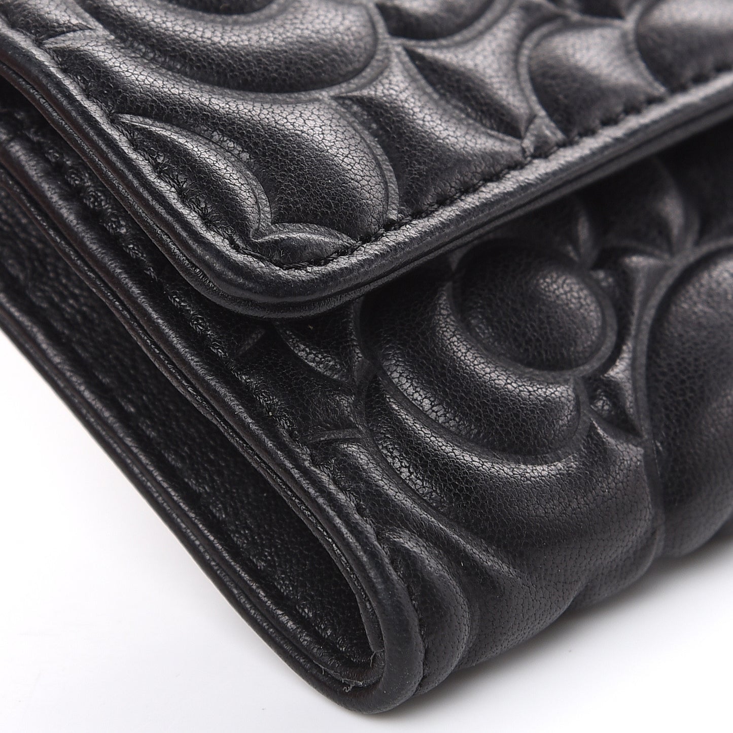 Goatskin Camellia Embossed Flap Card Holder Wallet Black