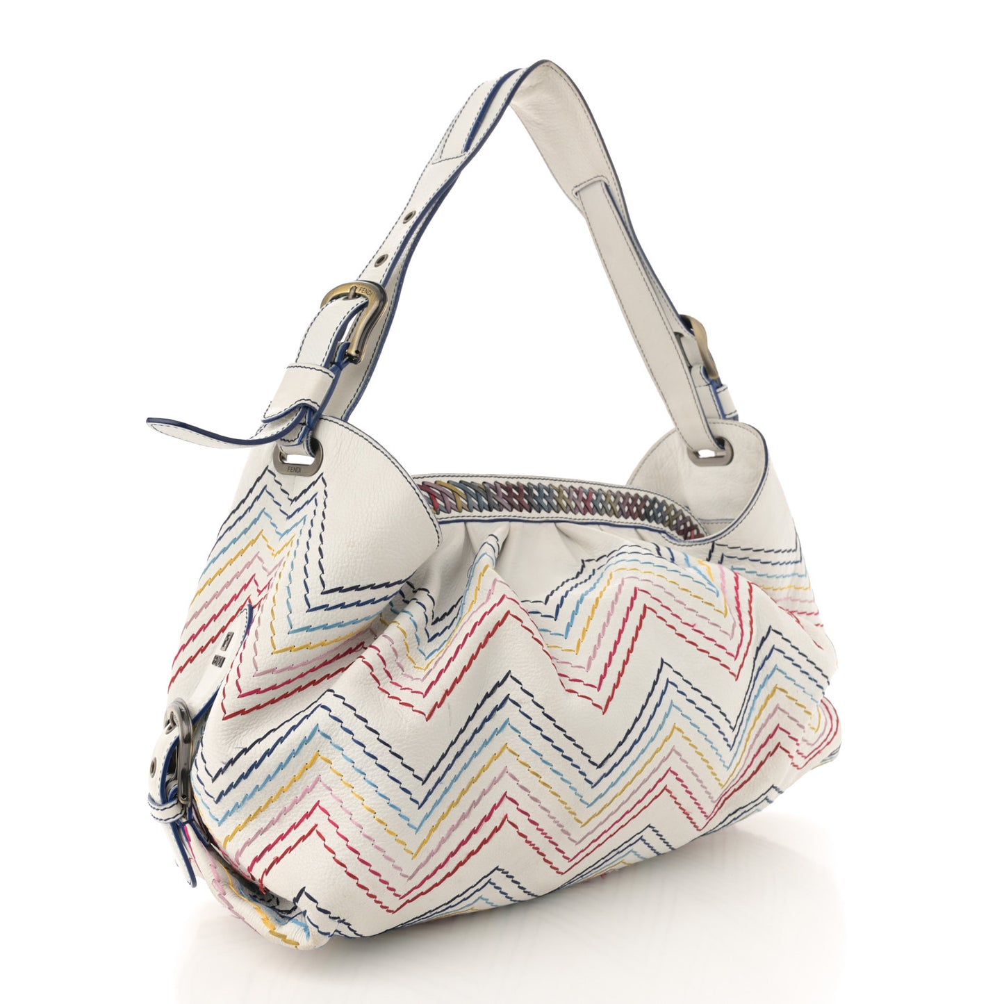 Vitello Palma Zig Zag Thread Embroidered Doctor B Hobo White Multicolor