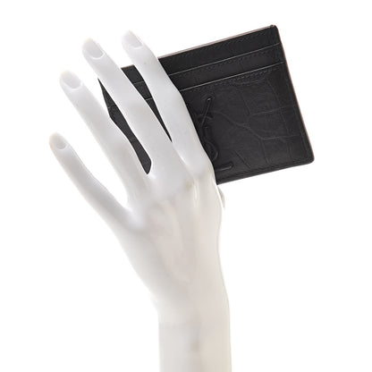 Saint Laurent Calfskin Crocodile Embossed Monogram Credit Card Case Black 2 of 8