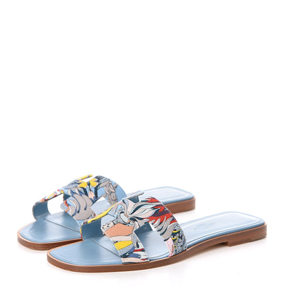 Hermes Cotton Canvas Oran Sandals 37 Multicolor Bleu Dorset 3 of 7