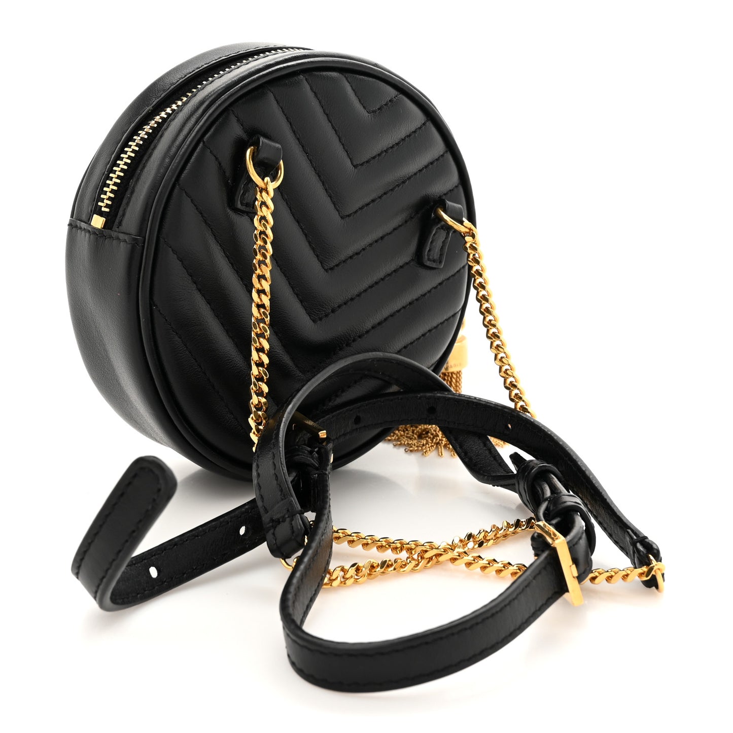 Calfskin Matelasse Chevron Quilted Baby Round Vinyle Belt Bag Black