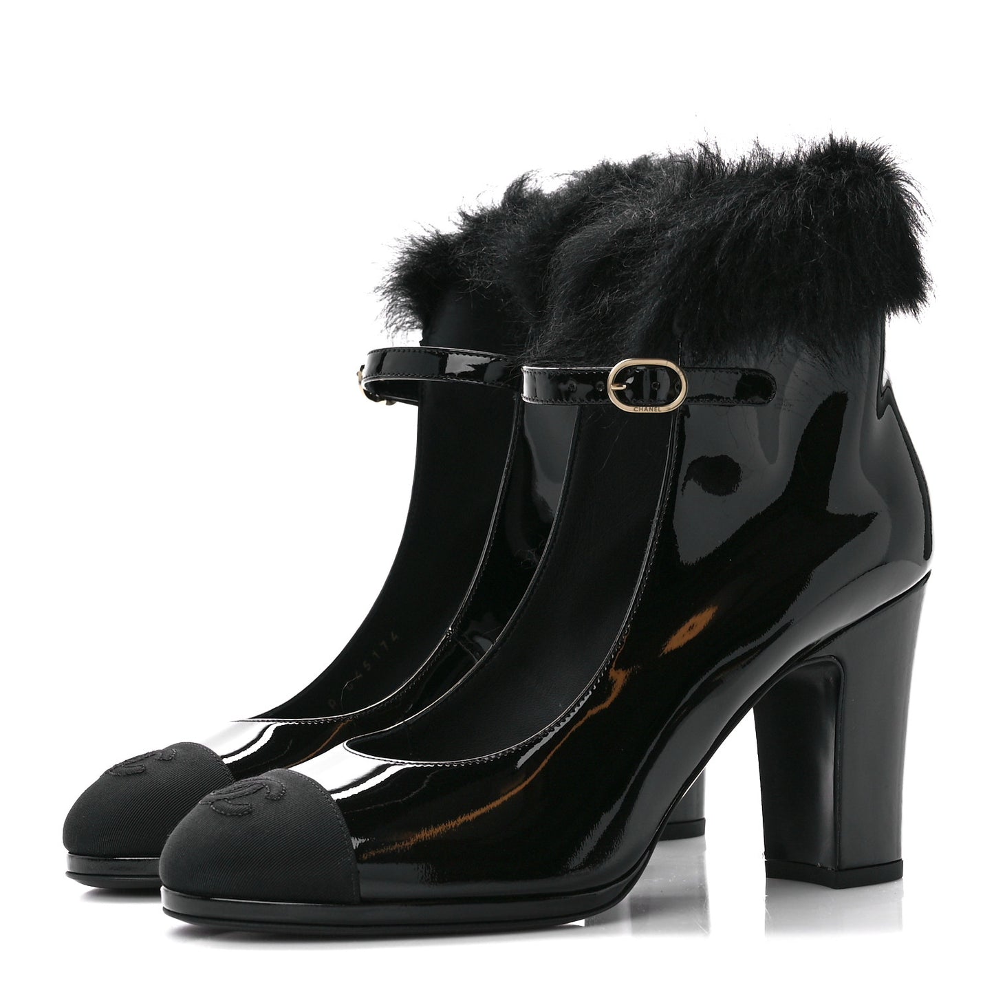 Patent Shearling Lambskin Cap Toe Mary Jane Pumps 38.5 Black