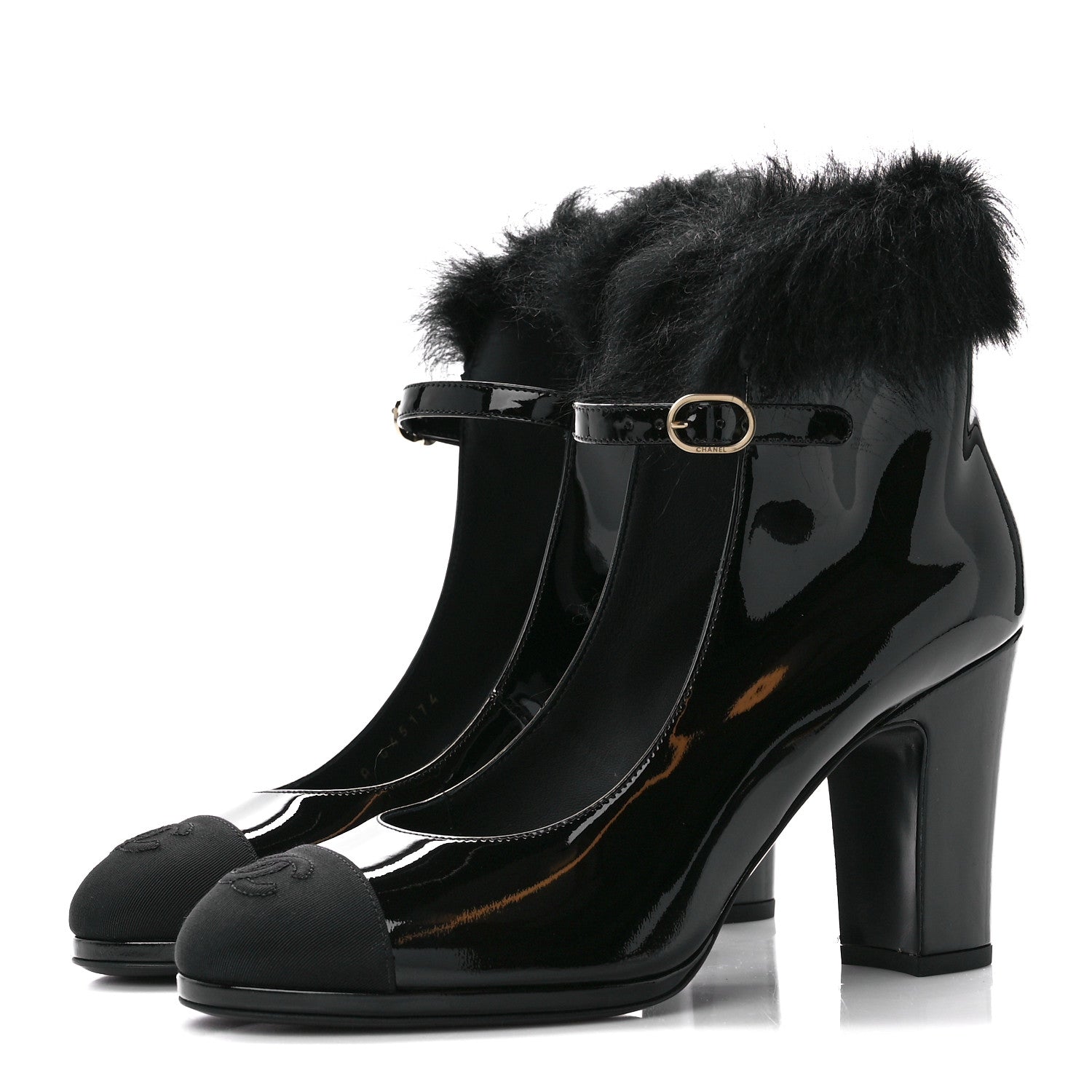 Chanel Patent Shearling Lambskin Cap Toe Mary Jane Pumps 38.5 Black 3 of 9