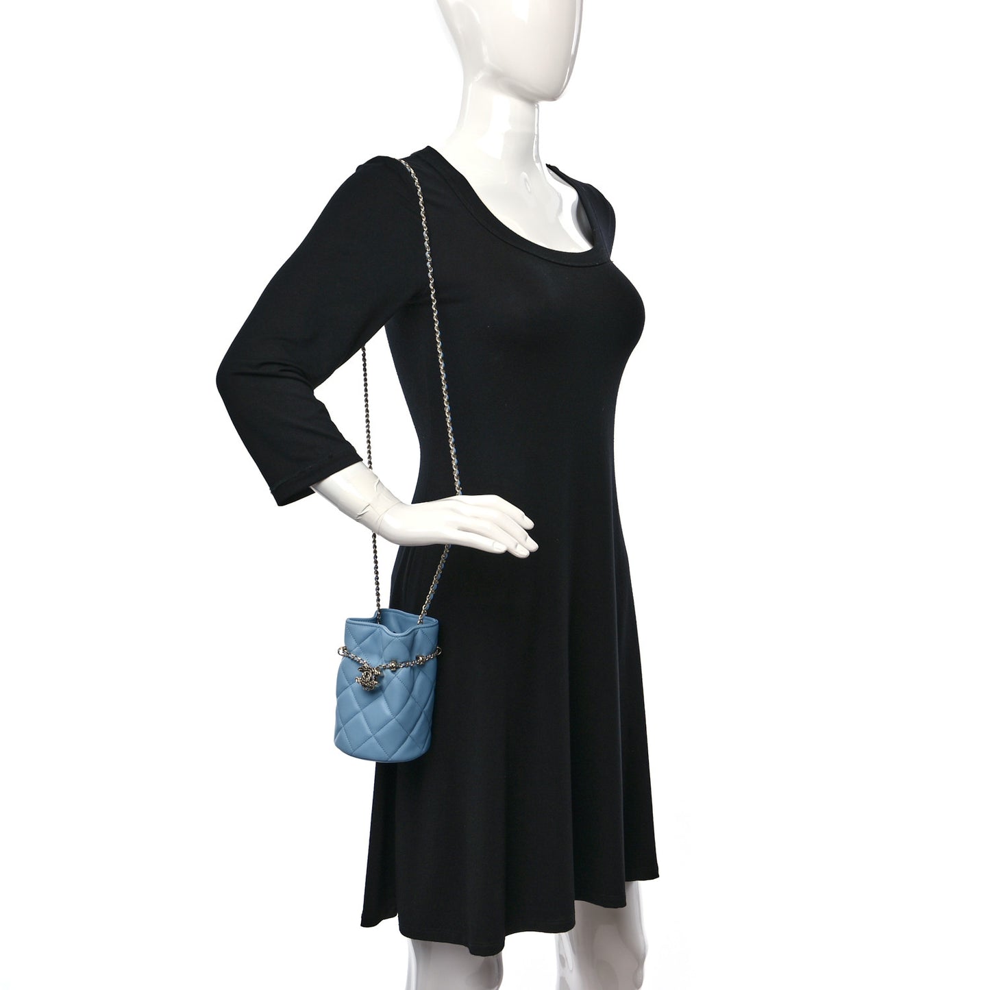 Lambskin Quilted Mini Drawstring Bucket Bag With Chain Light Blue