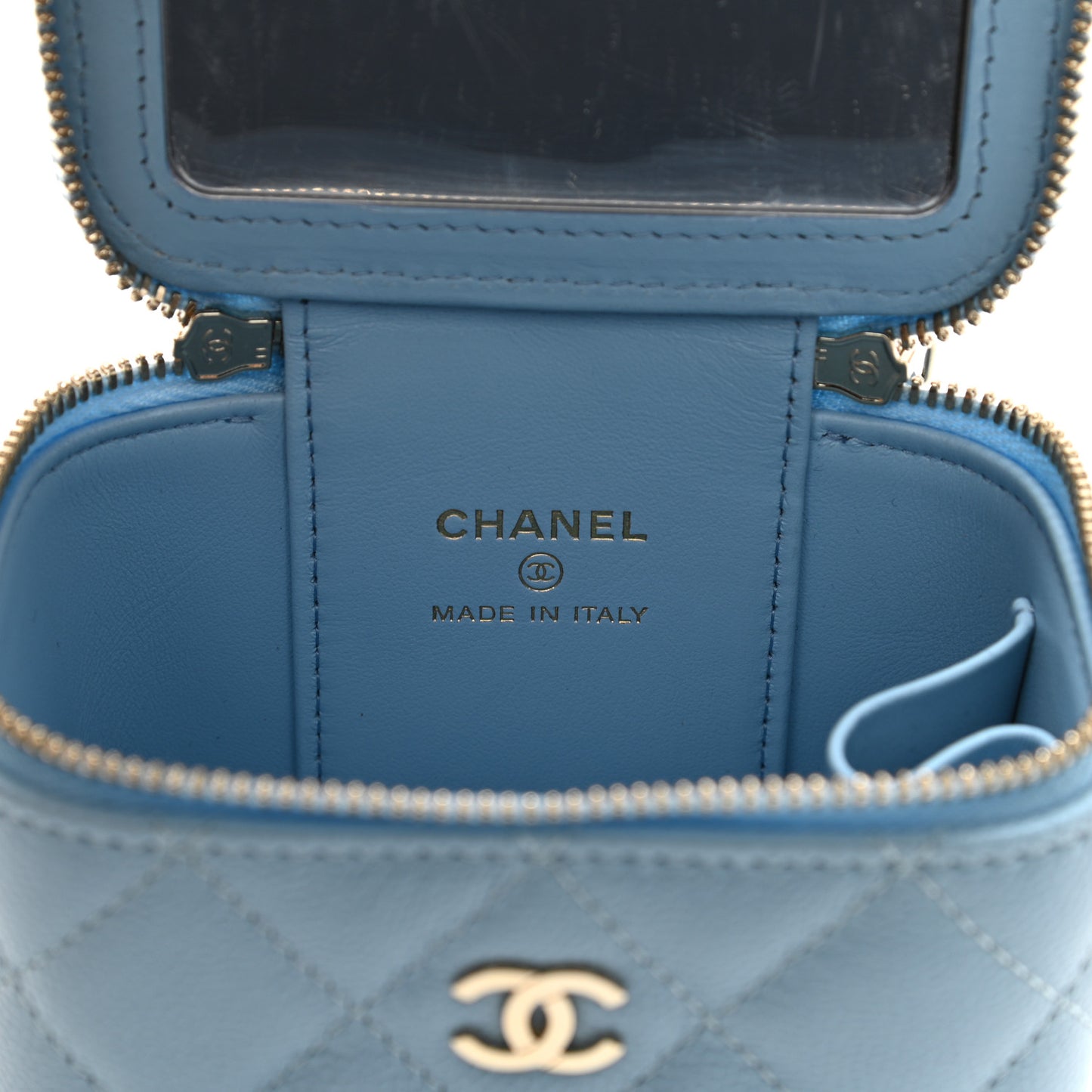 Caviar Quilted Mini Vanity Case With Chain Light Blue