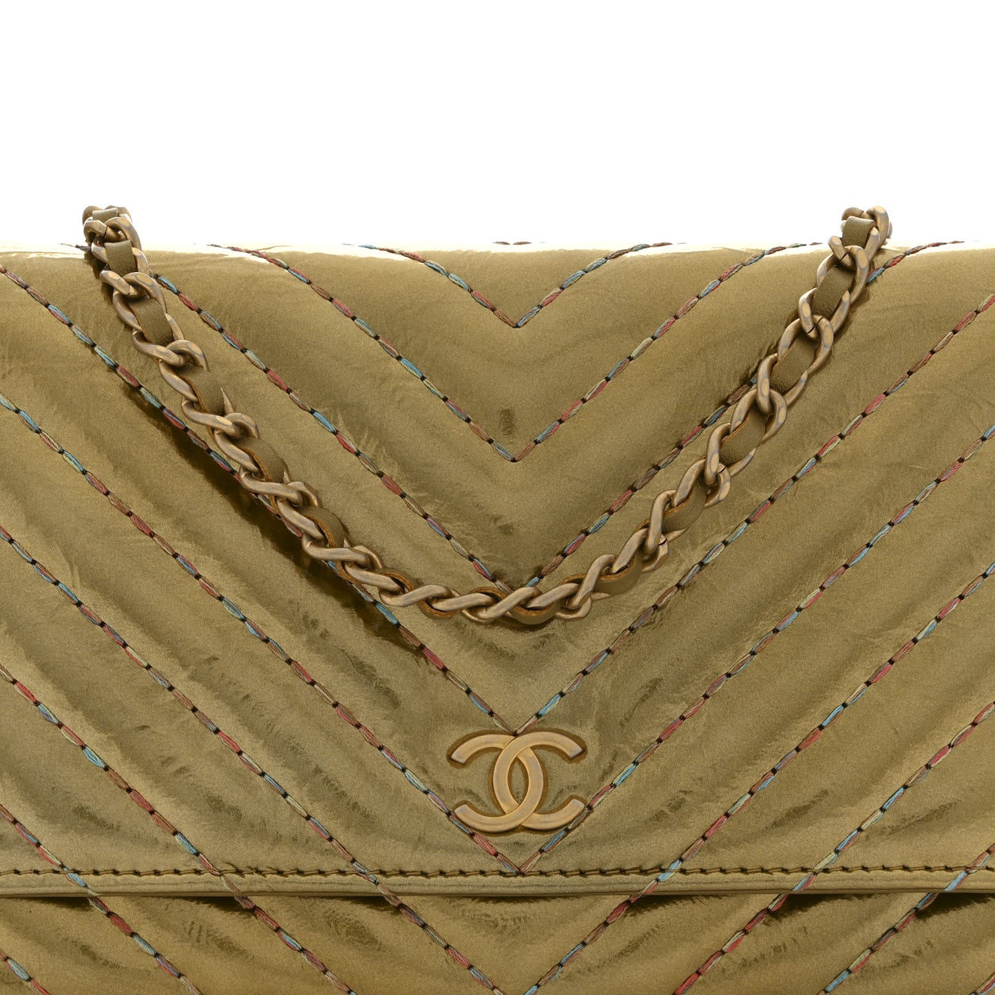Metallic Aged Calfskin Chevron Quilted Multicolor Stitch Wallet On Chain WOC Gold
