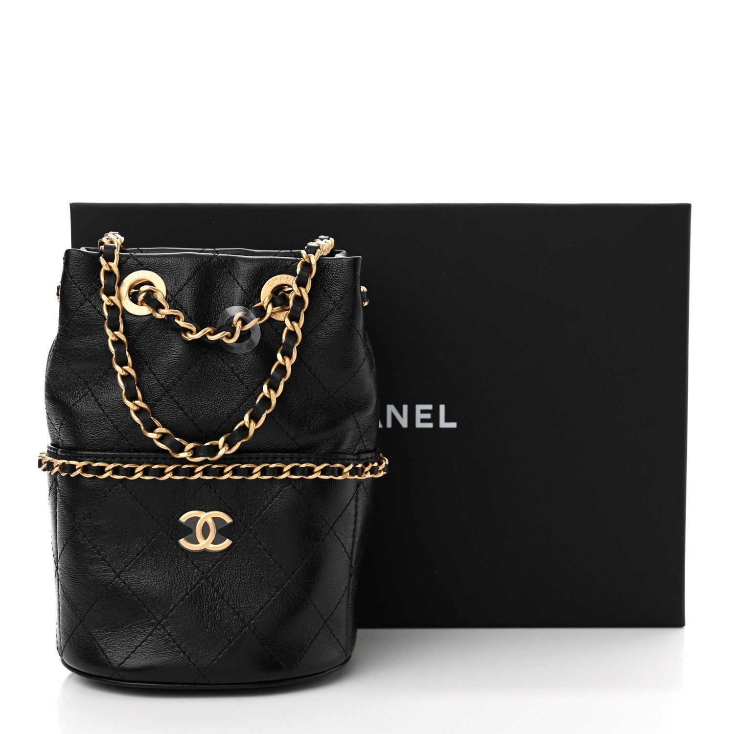 Chanel Shiny Lambskin Quilted Chain Around Drawstring Bucket Clutch With Chain Black 12 of 12