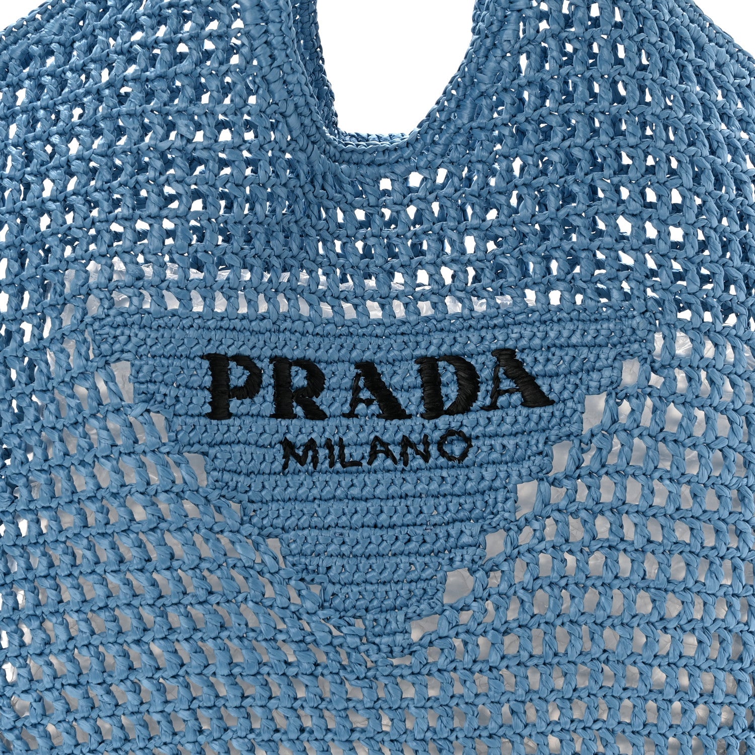 Prada Yarn Raffia Effect Crochet Logo Embroidered Shopping Tote Bag Celeste 8 of 10