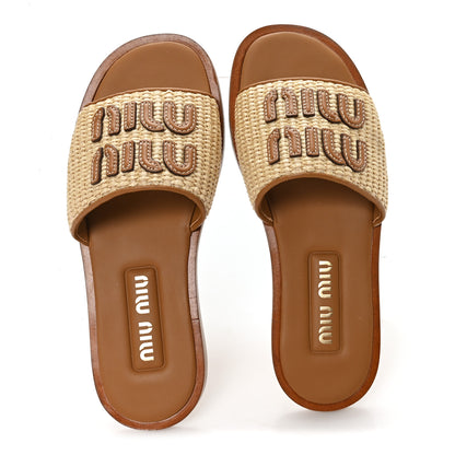 Miu Miu Stuoia Raffia Calfskin Logo Sandals 36 Naturale 2 of 9
