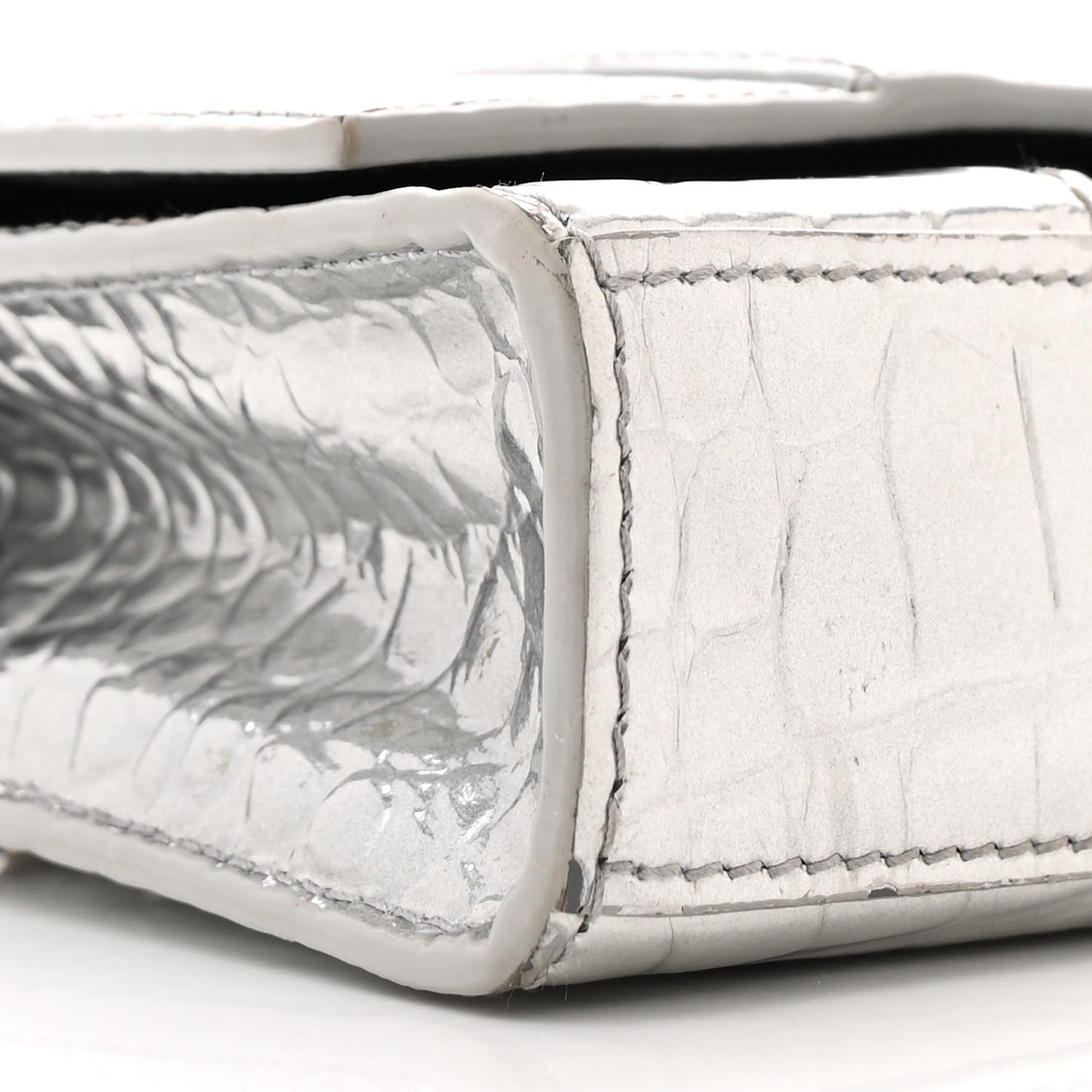 Metallic Calfskin Crocodile Embossed Hourglass Chain Bag Silver