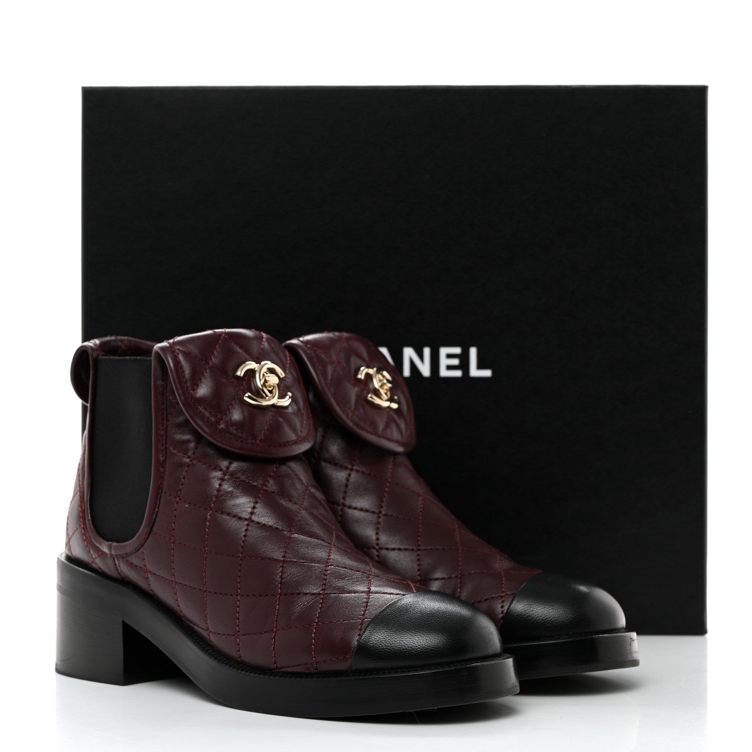 Chanel Lambskin Quilted Cap Toe CC Turnlock Booties 36 Burgundy Black 9 of 9