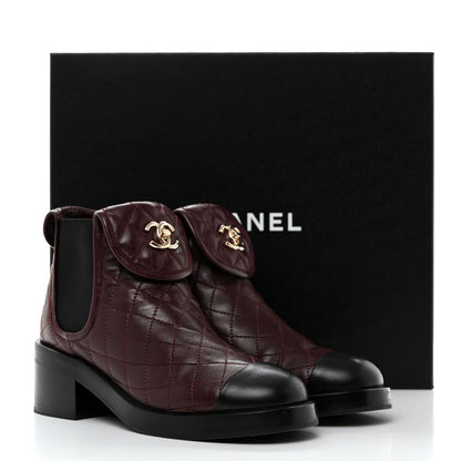 Chanel Lambskin Quilted Cap Toe CC Turnlock Booties 36 Burgundy Black 9 of 9