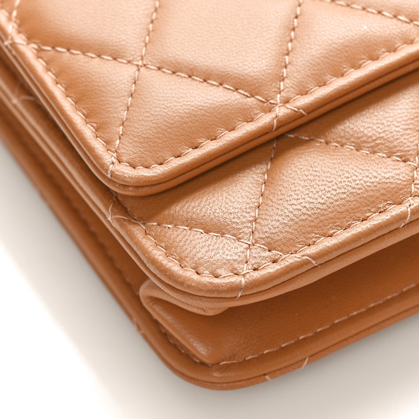 Lambskin Quilted Contrast Stitch Trendy CC Wallet On Chain WOC Camel