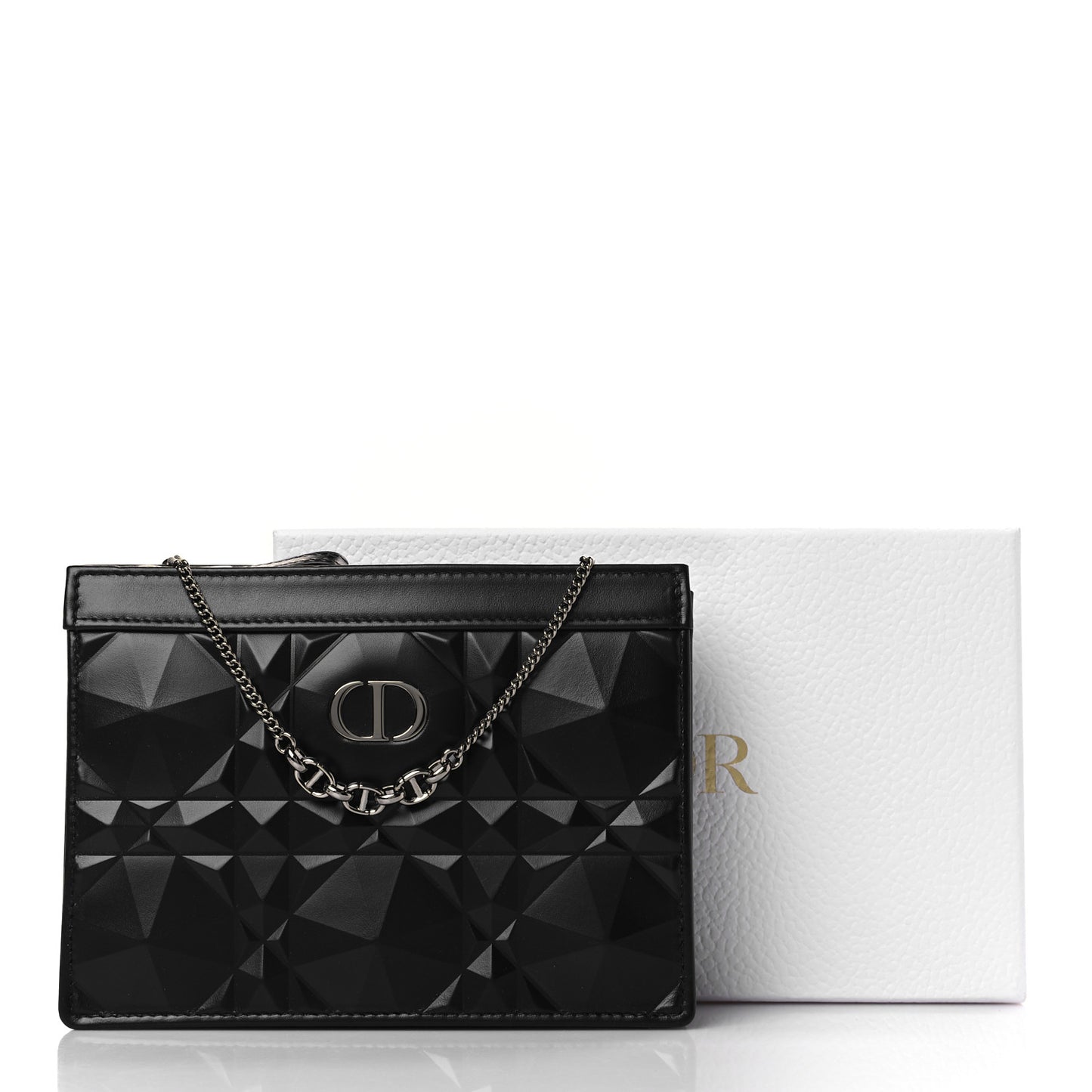Calfskin Macrocannage Diamond Caro Zipped Pouch With Chain Black