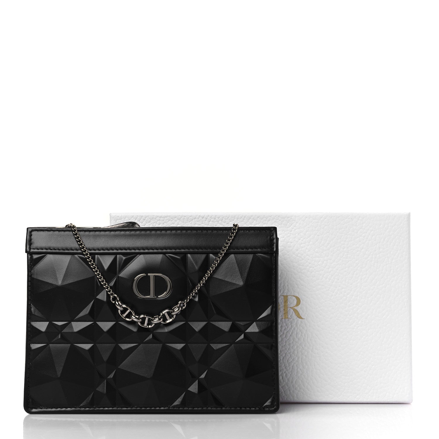 Christian Dior Calfskin Macrocannage Diamond Caro Zipped Pouch With Chain Black 10 of 10