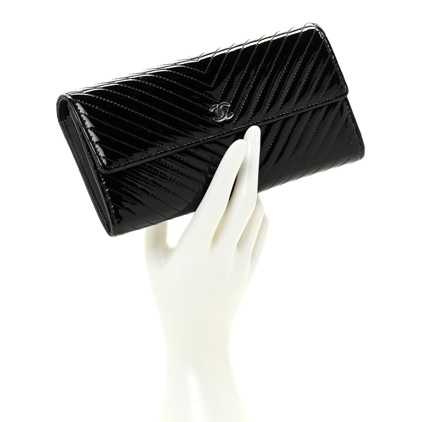 Patent Chevron Quilted Large Gusset Flap Wallet Black