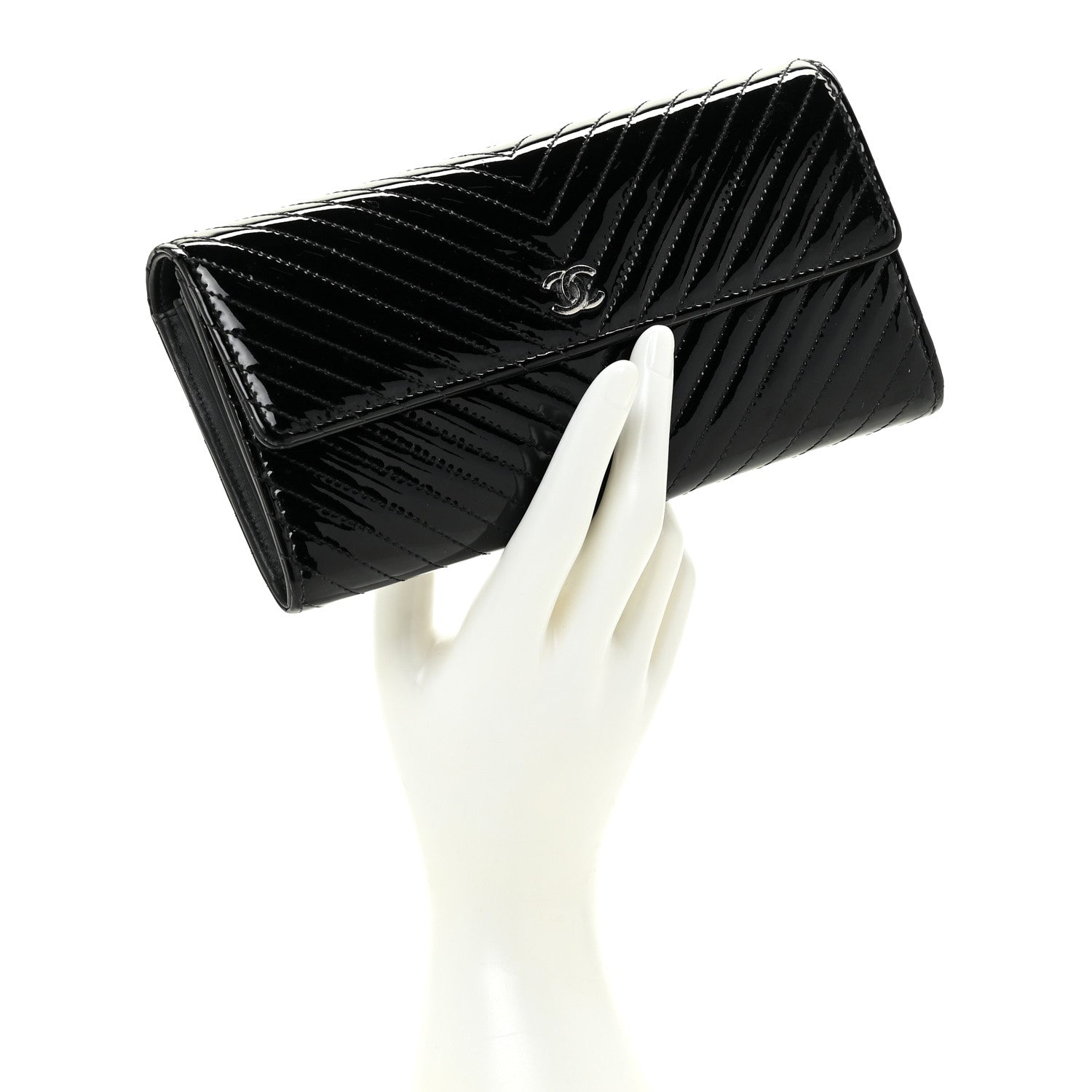 Chanel Patent Chevron Quilted Large Gusset Flap Wallet Black 1 of 21