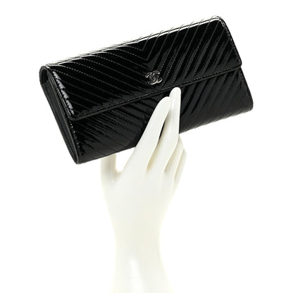 Chanel Patent Chevron Quilted Large Gusset Flap Wallet Black 1 of 21