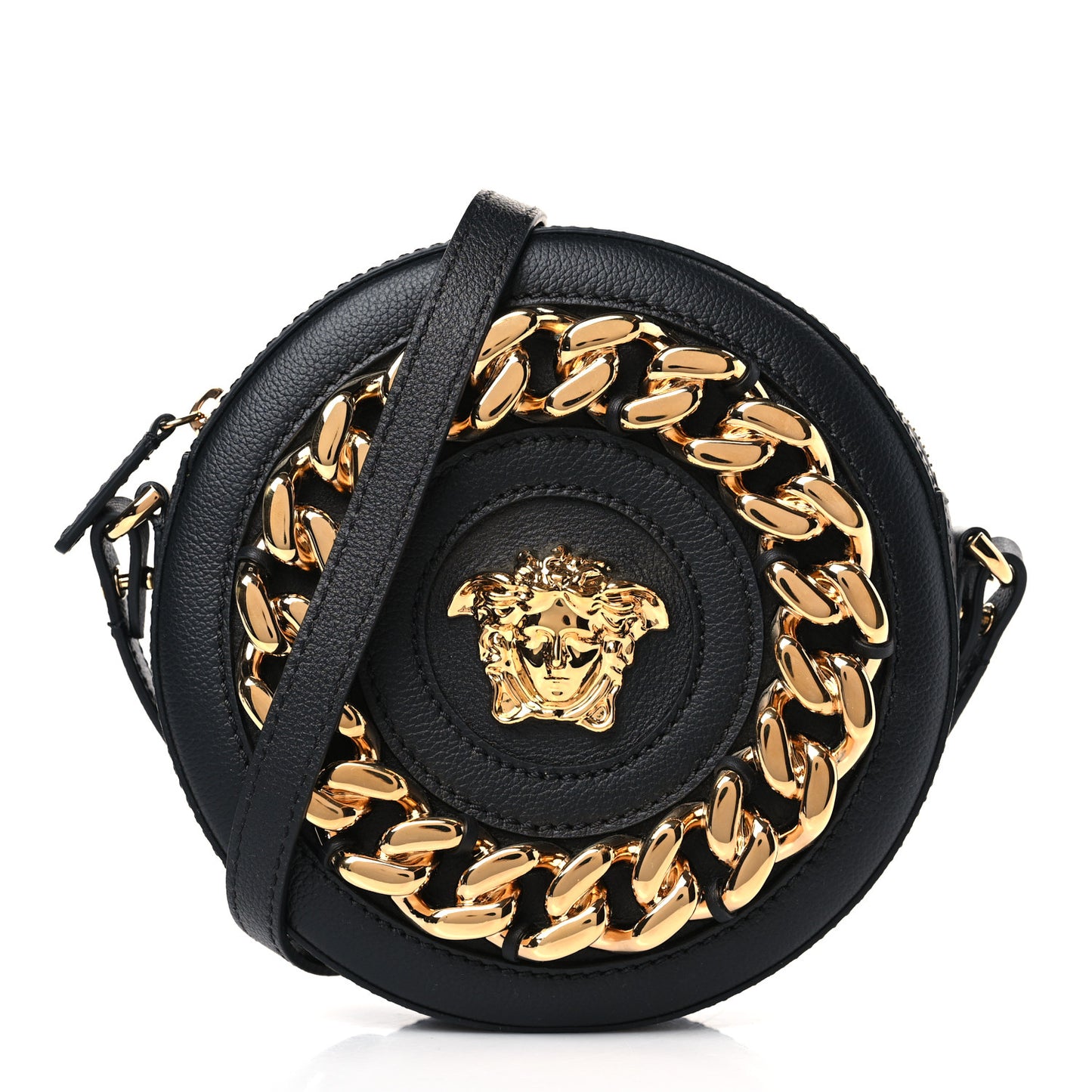 Grained Calfskin Mini La Medusa Disco Round Crossbody Bag Black