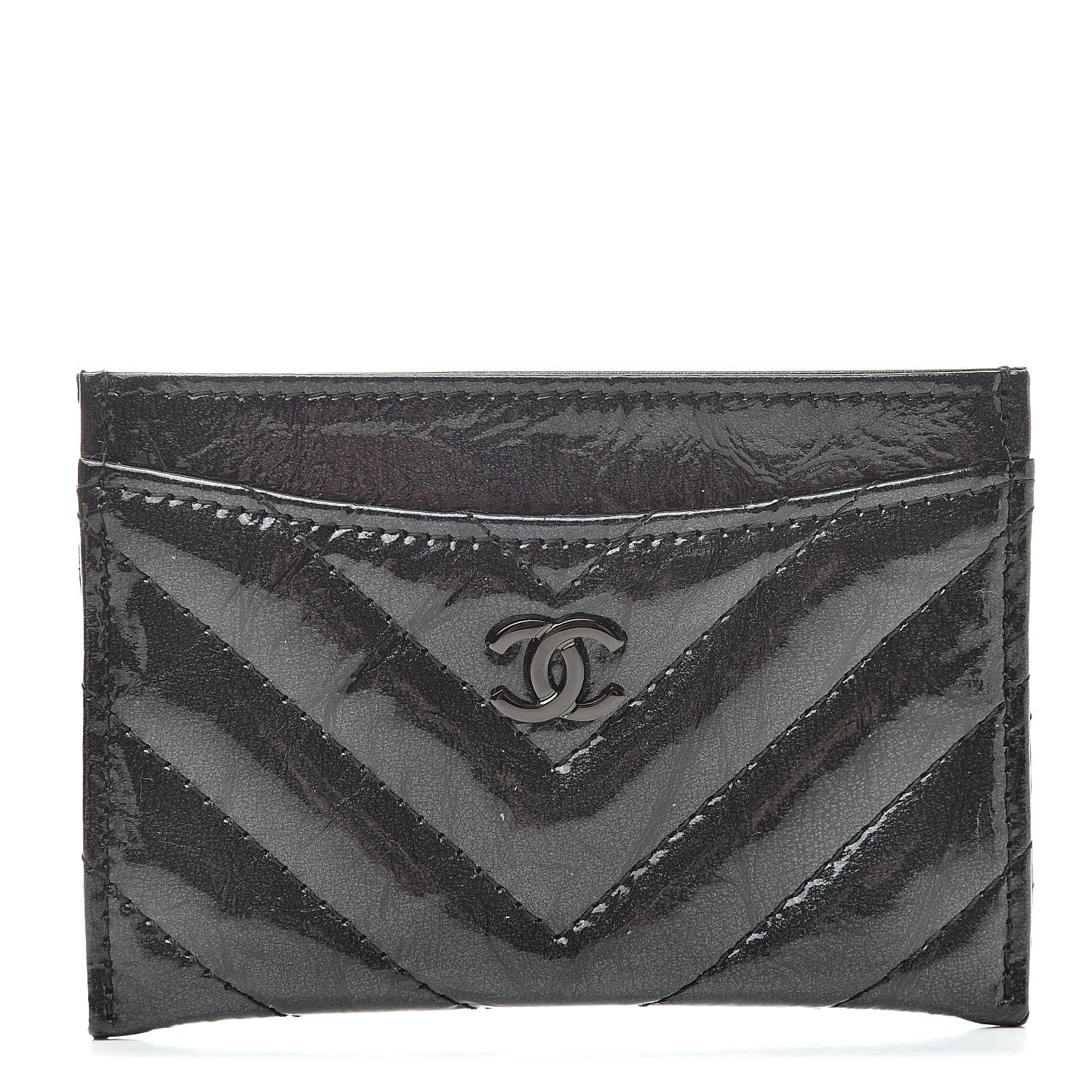 Chanel Patent Metallic Crumpled Calfskin Chevron Quilted Card Holder Black 1 of 9