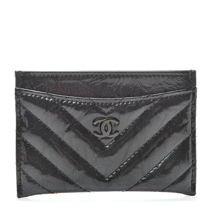 Chanel Patent Metallic Crumpled Calfskin Chevron Quilted Card Holder Black 1 of 9