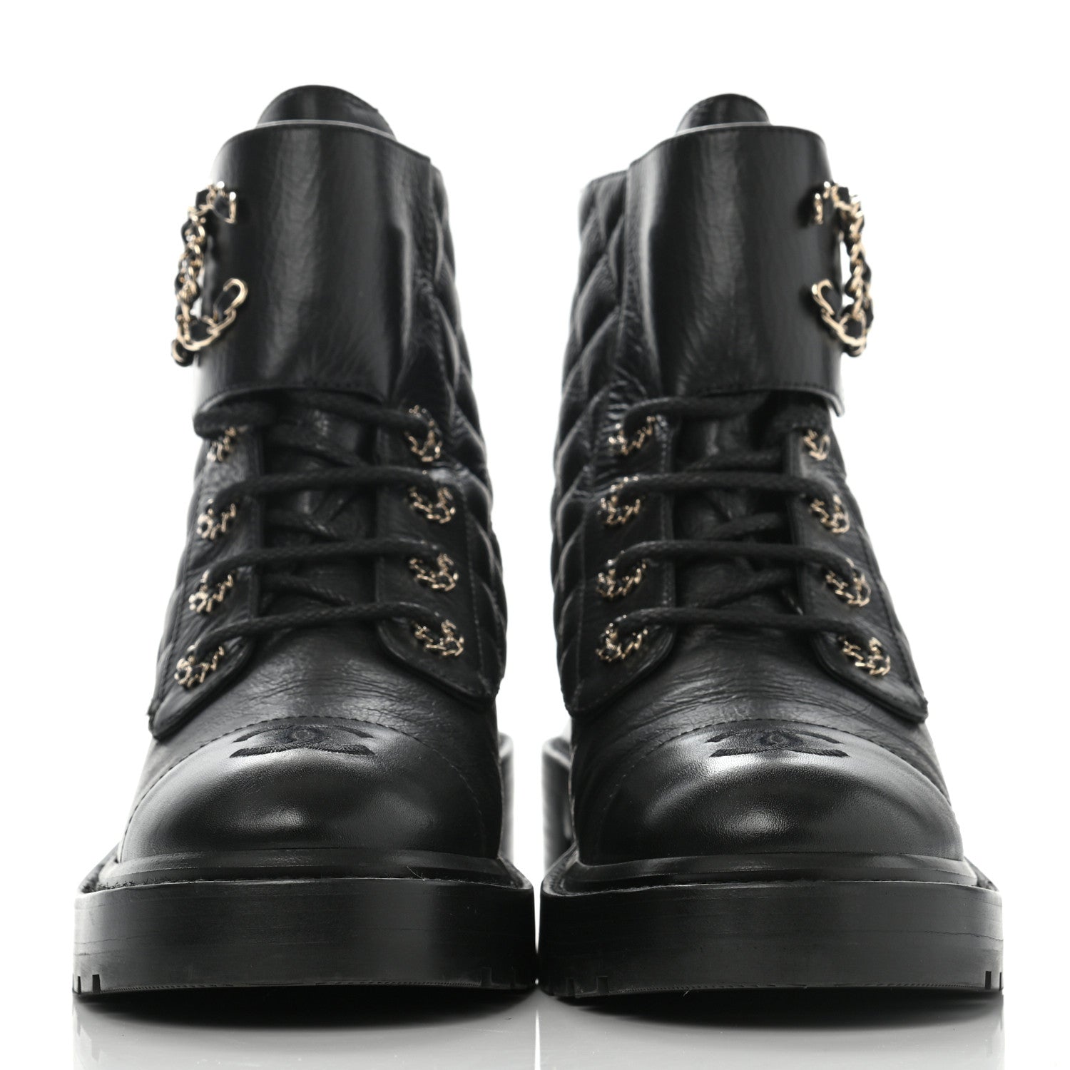 Chanel Shiny Goatskin Calfskin Quilted Lace Up Combat Boots 37 Black 2 of 12