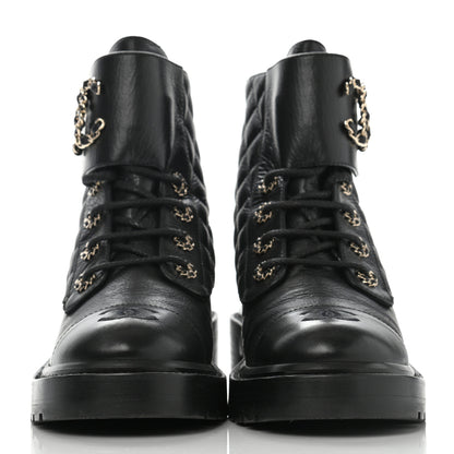Chanel Shiny Goatskin Calfskin Quilted Lace Up Combat Boots 37 Black 2 of 12